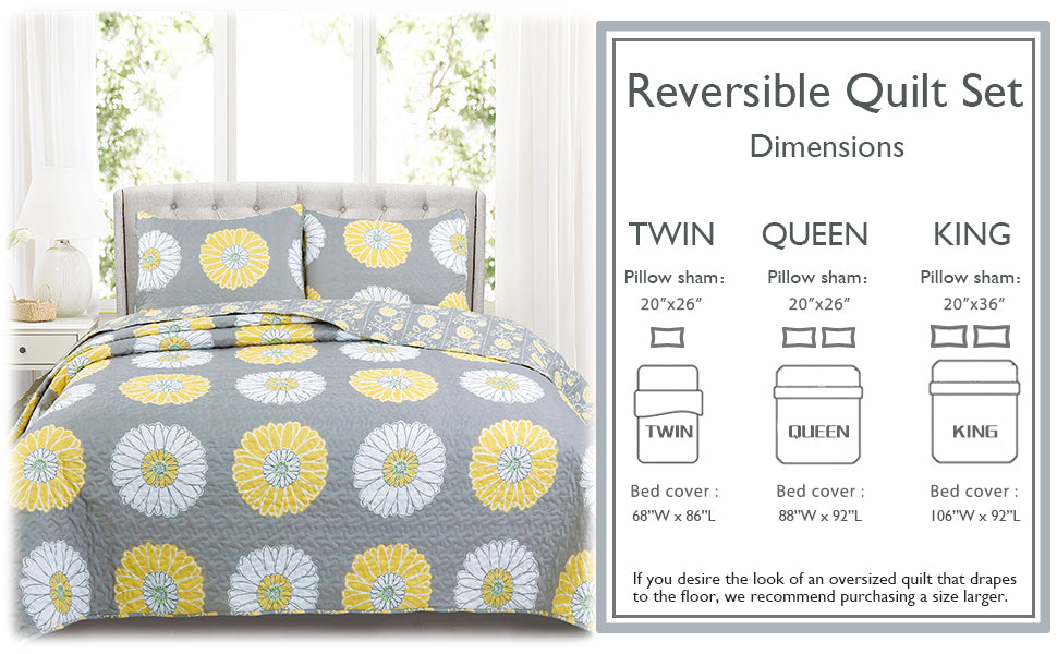 Anya Floral Print Yellow Grey Reversible Quilt Bedding Set