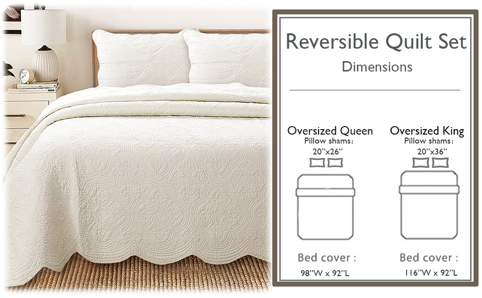 Serenity Ivory Victorian Scalloped Medallion Floral Pure Solid Cotton Reversible Quilt  Bedding Set