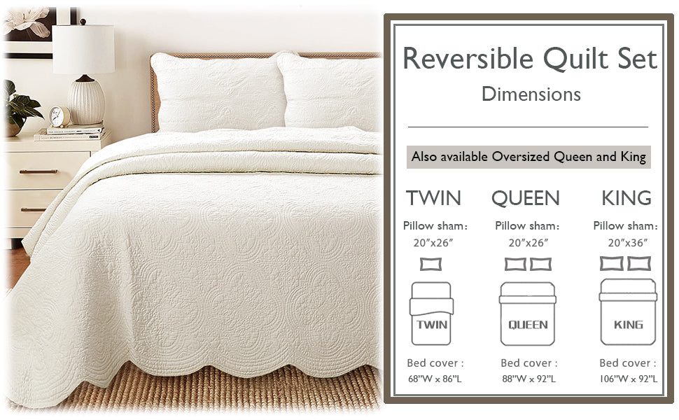 Serenity Ivory Victorian Scalloped Medallion Floral Pure Solid Cotton Reversible Quilt  Bedding Set