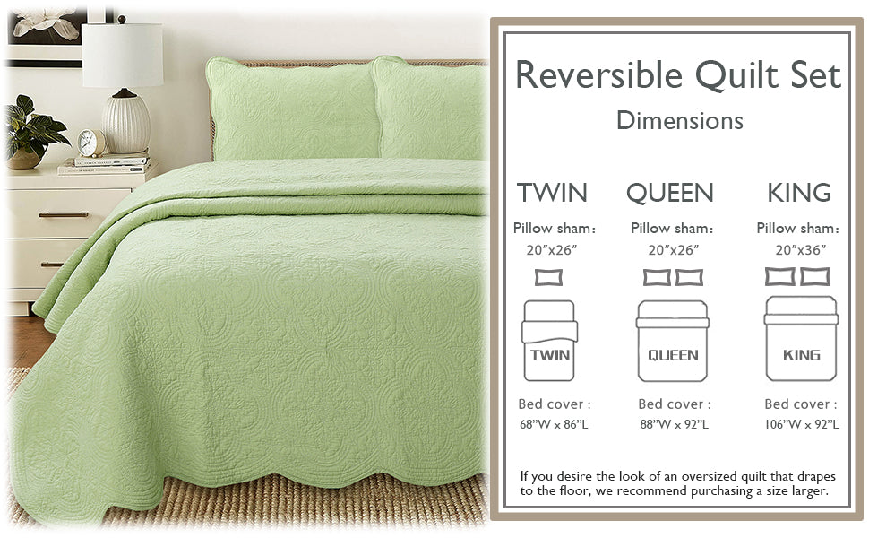 Serenity Green Victorian Scalloped Medallion Floral Pure Solid Cotton Reversible Quilt Bedding Set