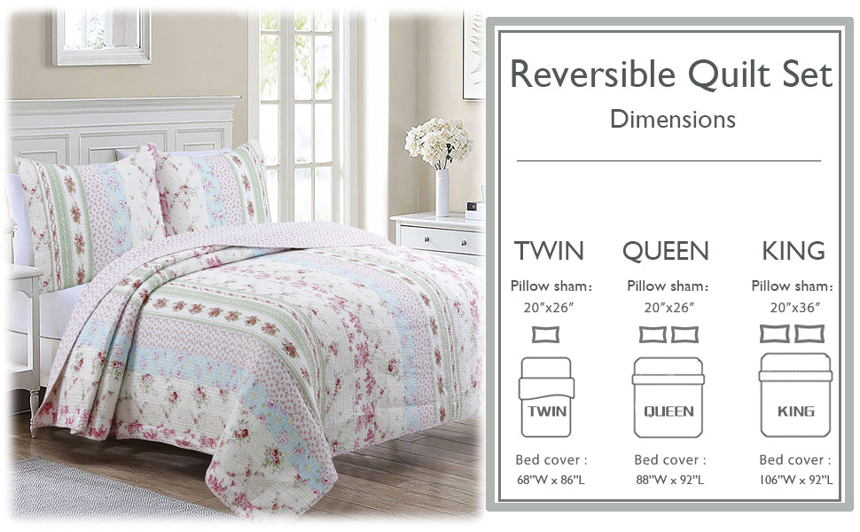 Wild Rose Enchantment Floral Bloom Garden Stripe Real Patchwork Reversible Quilt Bedding Set