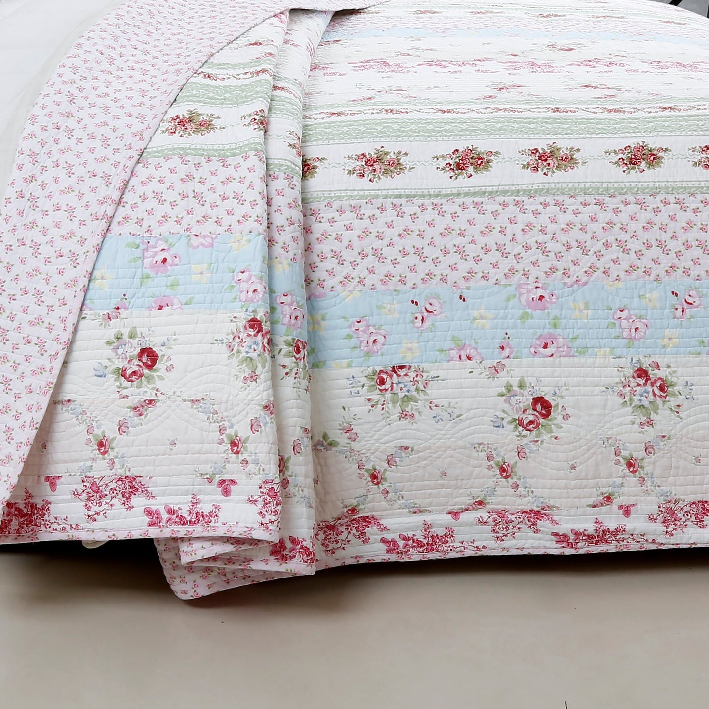 Wild Rose Enchantment Floral Bloom Garden Stripe Real Patchwork Reversible Quilt Bedding Set
