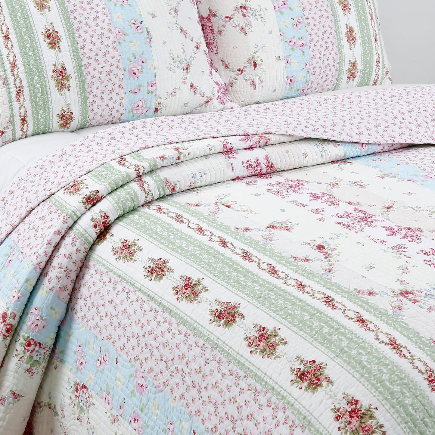 Wild Rose Enchantment Floral Bloom Garden Stripe Real Patchwork Reversible Quilt Bedding Set