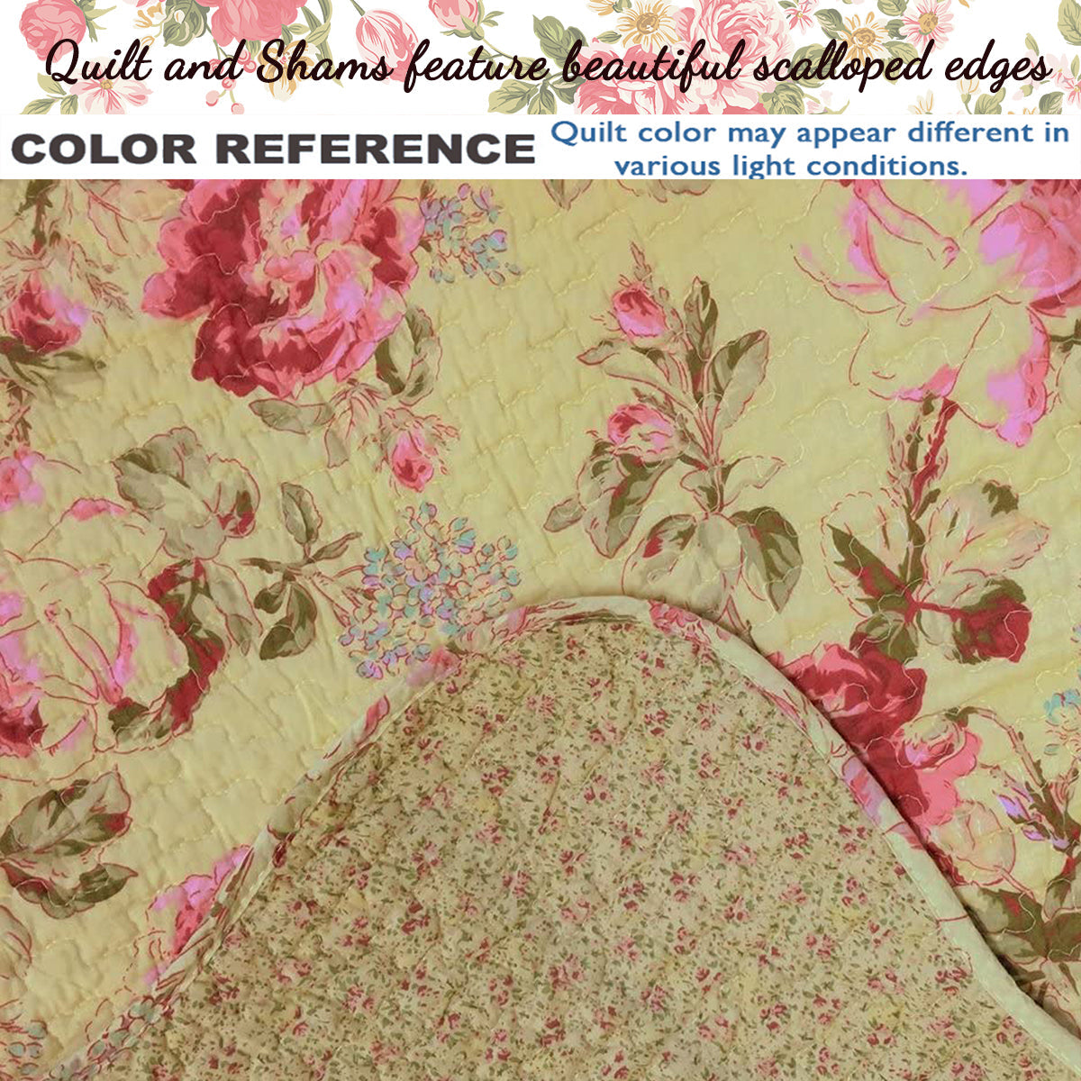Lelia Pink Floral Scalloped Edge 3-piece Cotton Reversible Quilt Bedding Set