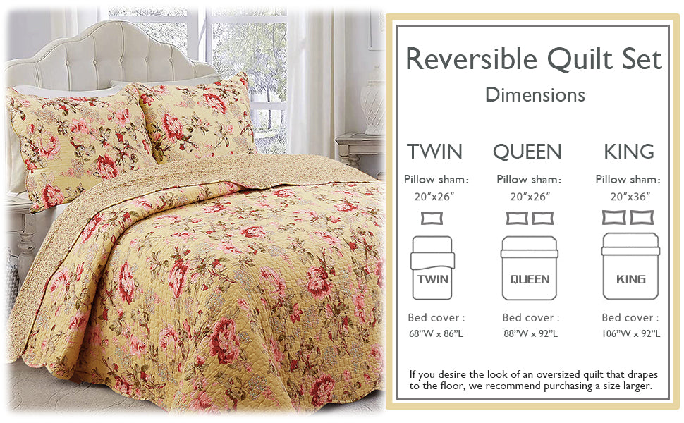 Lelia Pink Floral Scalloped Edge 3-piece Cotton Reversible Quilt Bedding Set