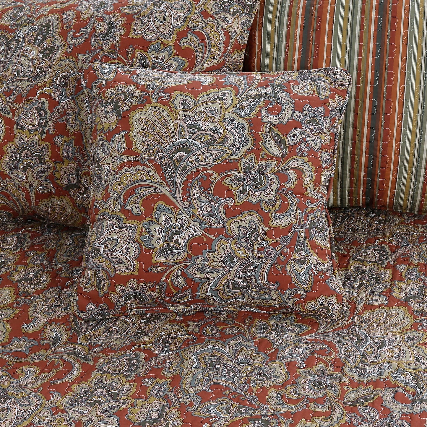 Lara Paisley Vintage Rustic Bronze Country Fall Floral Copper Cotton Reversible Quilt Bedding Set