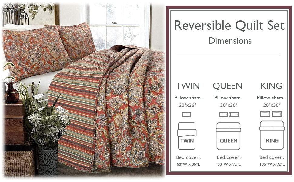 Lara Paisley Vintage Rustic Bronze Country Fall Floral Copper Cotton Reversible Quilt Bedding Set
