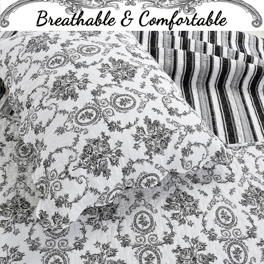 French Medallion Black Scalloped Edge Cotton 3-piece Reversible Quilt Bedding Set
