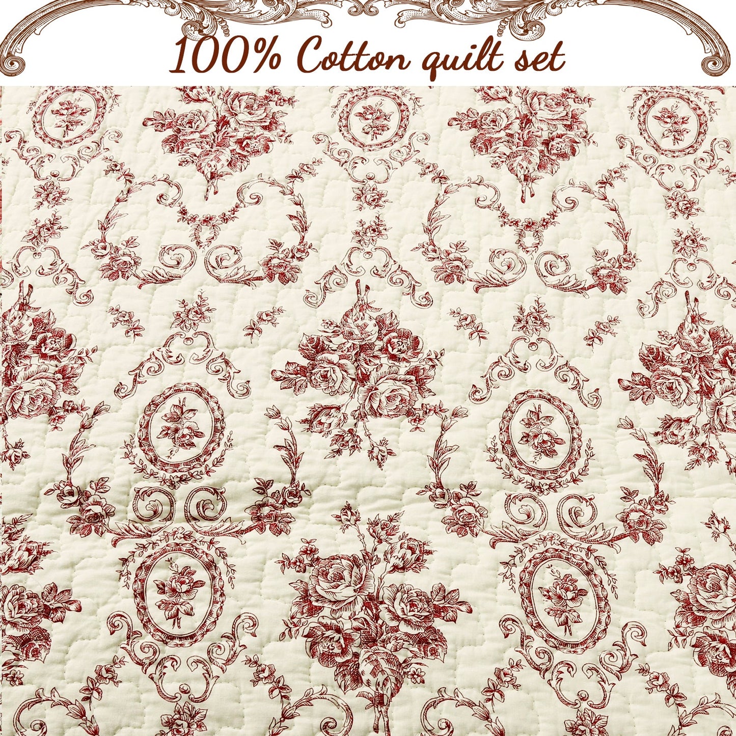 French Medallion Red Scalloped Edge Cotton 3-piece Reversible Quilt Bedding Set