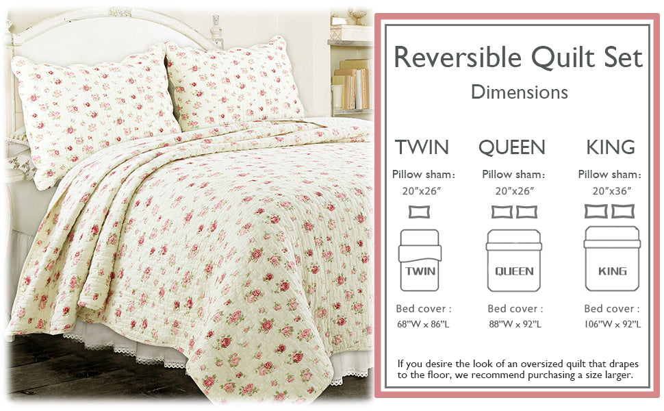Pink Rose Garden Floral Cotton 3-piece Reversible Quilt Bedding Set