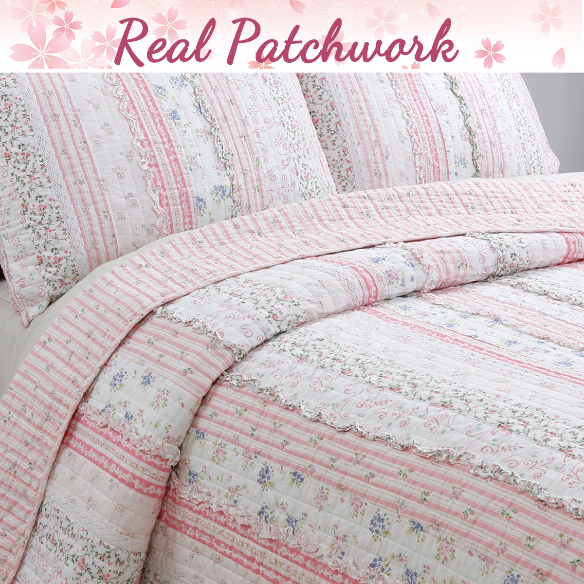 a bed with pink and white quilt
