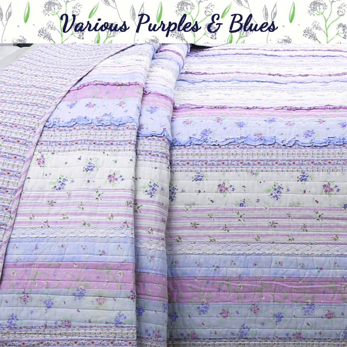 Romantic Chic Lace Ruffle Lavender Purple Real Patchwork Cotton Reversible Quilt Bedding Set