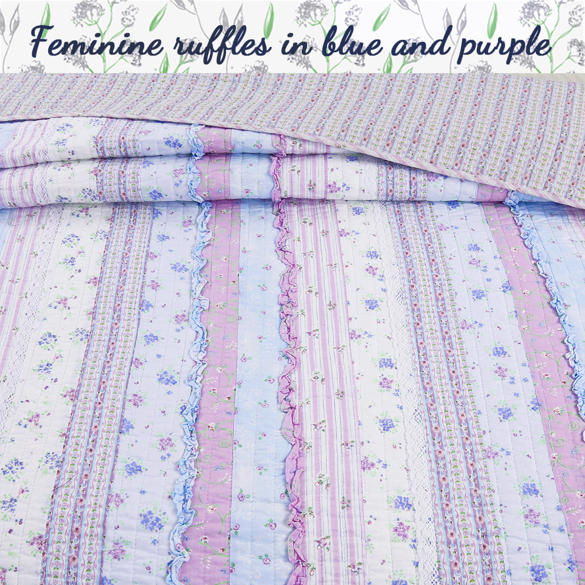 Romantic Chic Lace Ruffle Lavender Purple Real Patchwork Cotton Reversible Quilt Bedding Set