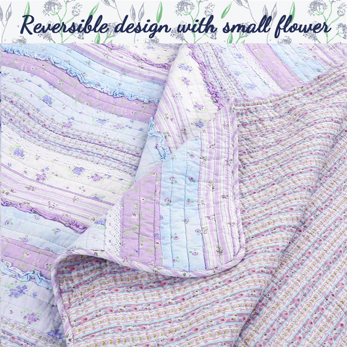 Romantic Chic Lace Ruffle Lavender Purple Real Patchwork Cotton Reversible Quilt Bedding Set
