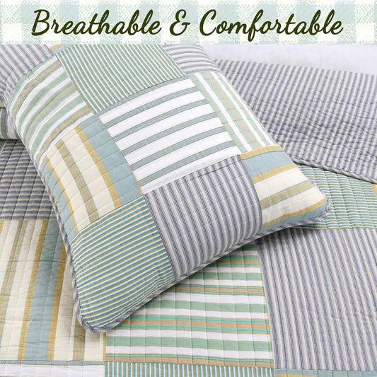 Spa Striped Real Patchwork Cotton Reversible Quilt Bedding Set