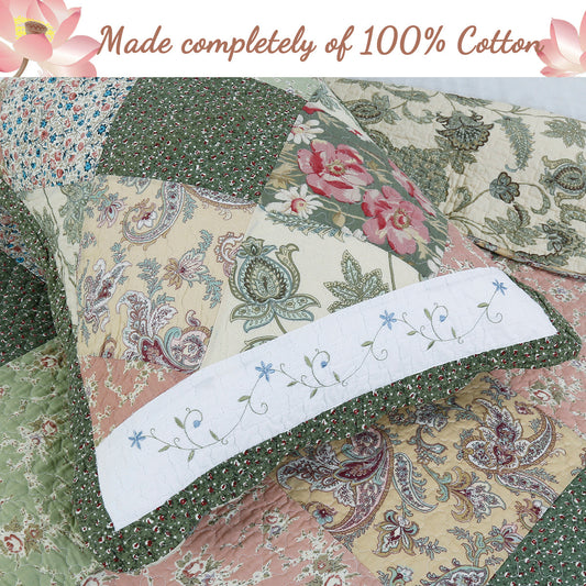 Grace Forest Green Real Patchwork Embroidered Scalloped Edge 3-Piece Cotton Reversible Quilt Bedding Set