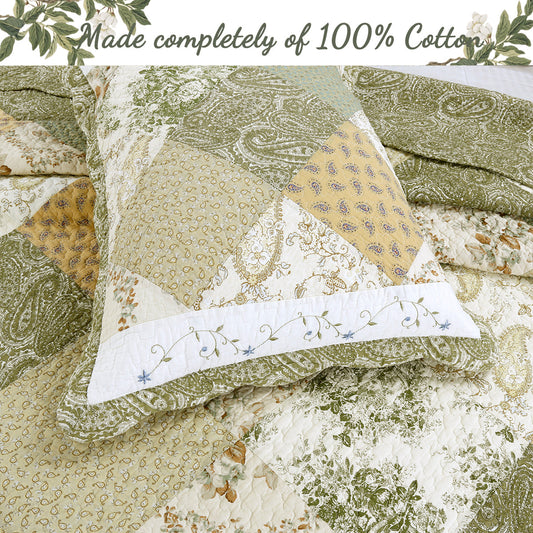 Grace Sage Green Real Patchwork Embroidered Scalloped Edge Cotton Reversible Quilt Bedding Set