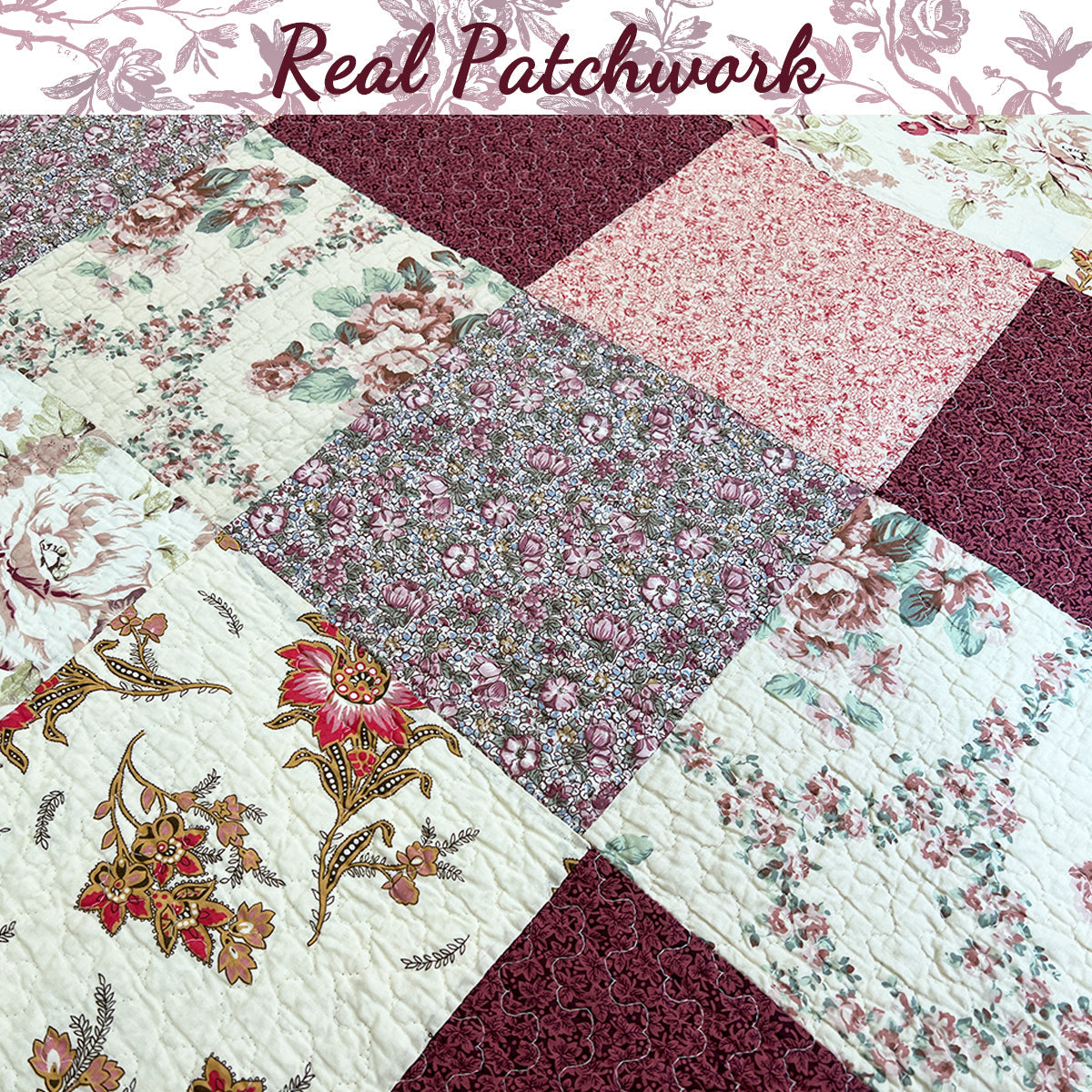Grace Burgundy Real Patchwork Embroidered Scalloped Edge 3-Piece Cotton Reversible Quilt Bedding Set