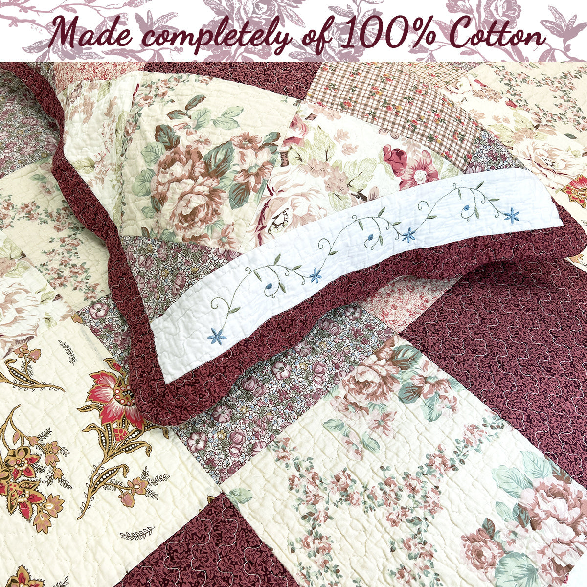 Grace Burgundy Real Patchwork Embroidered Scalloped Edge 3-Piece Cotton Reversible Quilt Bedding Set