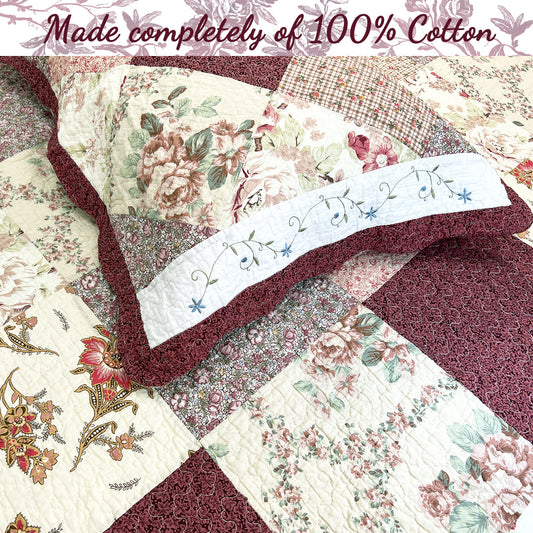 Grace Burgundy Real Patchwork Embroidered Scalloped Edge 3-Piece Cotton Reversible Quilt Bedding Set