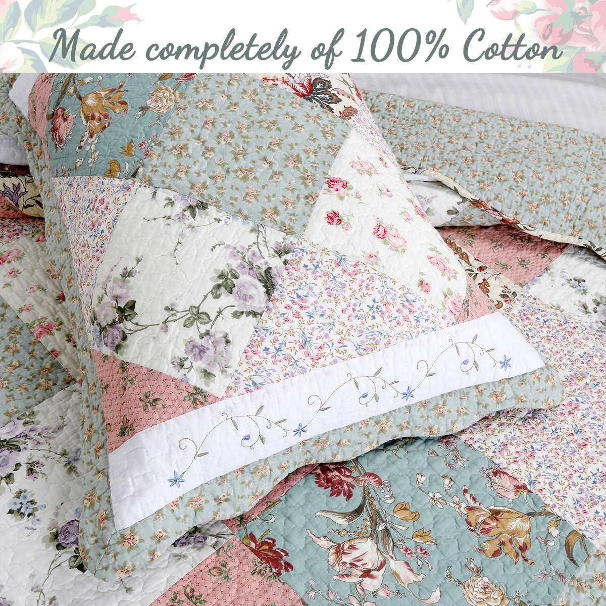 Grace Celadon Real Patchwork Embroidered Scalloped Edge Cotton Reversible Quilt Bedding Set