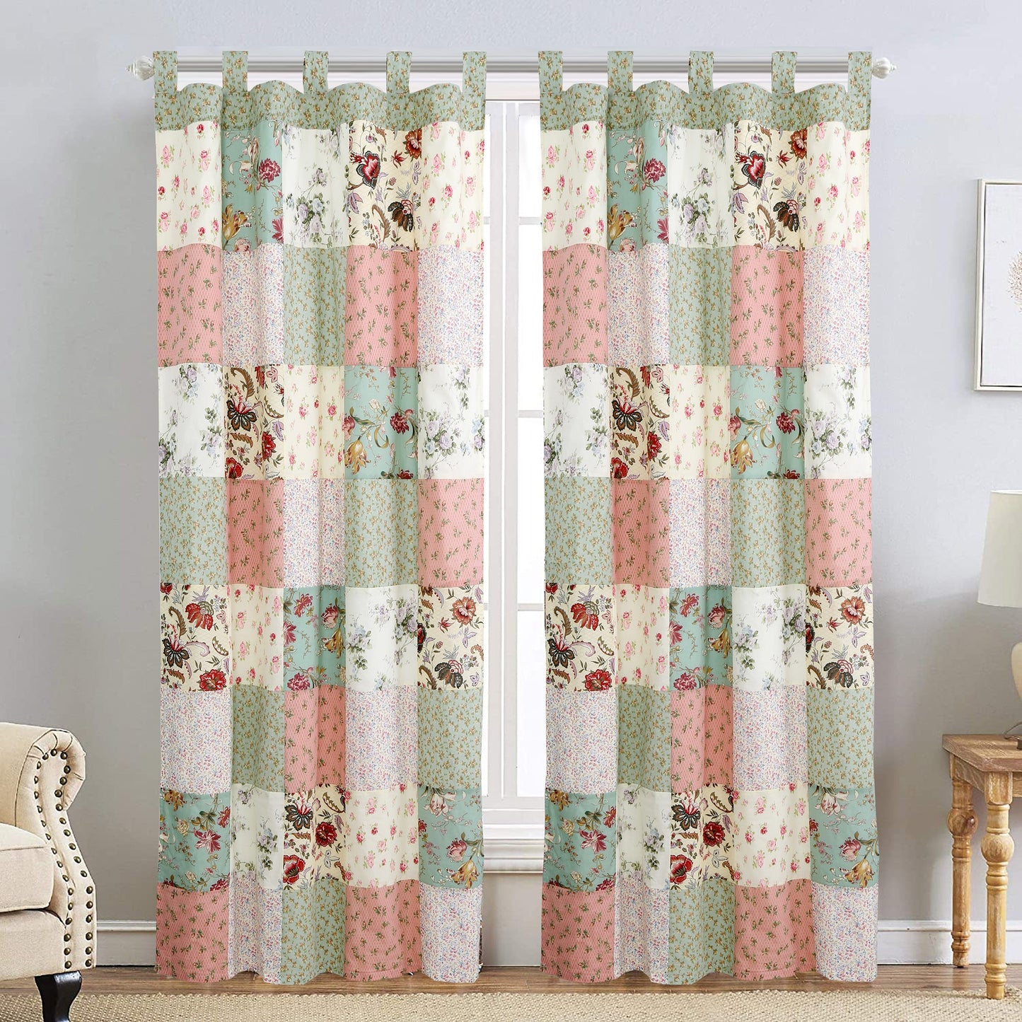 Grace Celadon Real Patchwork Embroidered Scalloped Edge Cotton Reversible Quilt Bedding Set