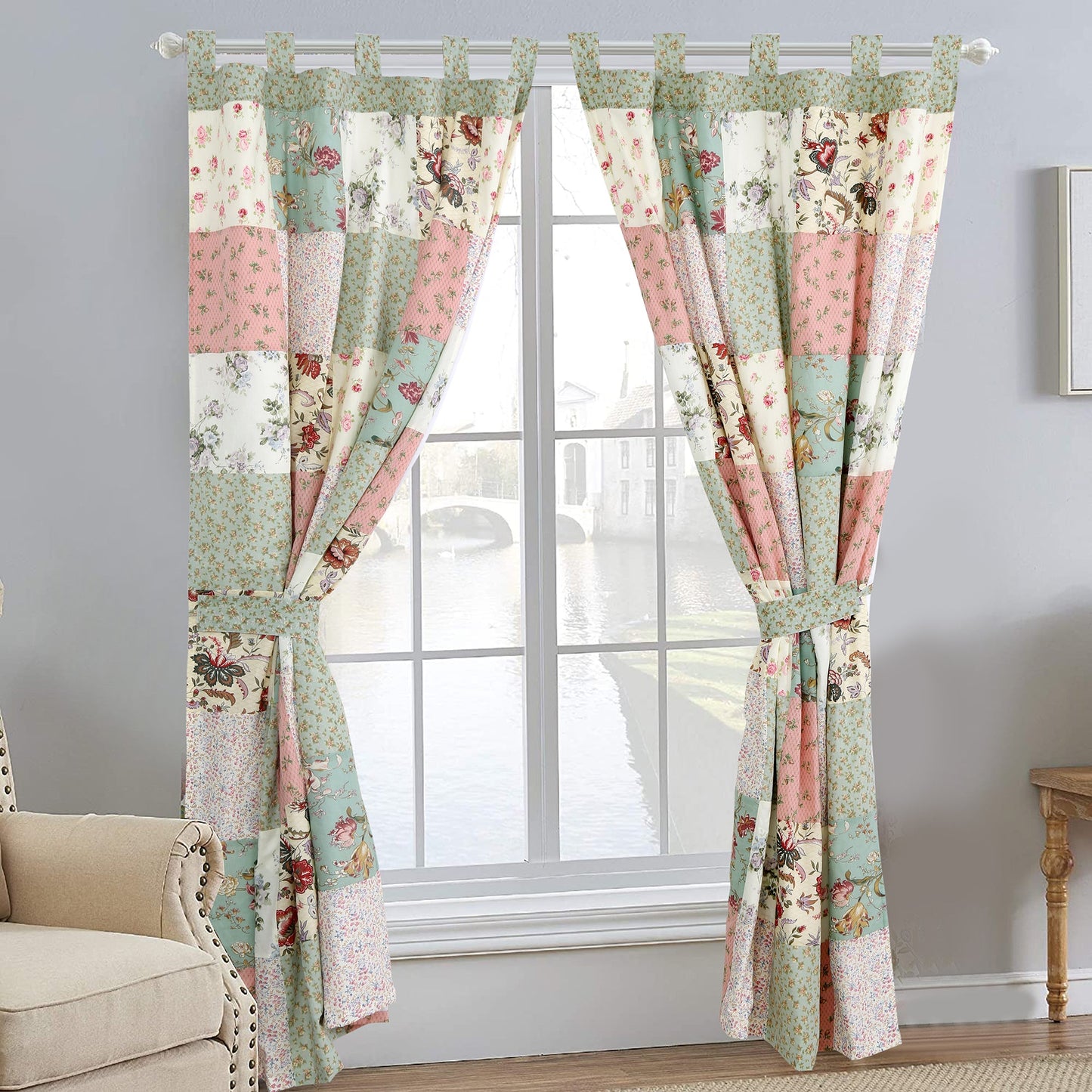 Grace Celadon Real Patchwork Embroidered Scalloped Edge Cotton Reversible Quilt Bedding Set