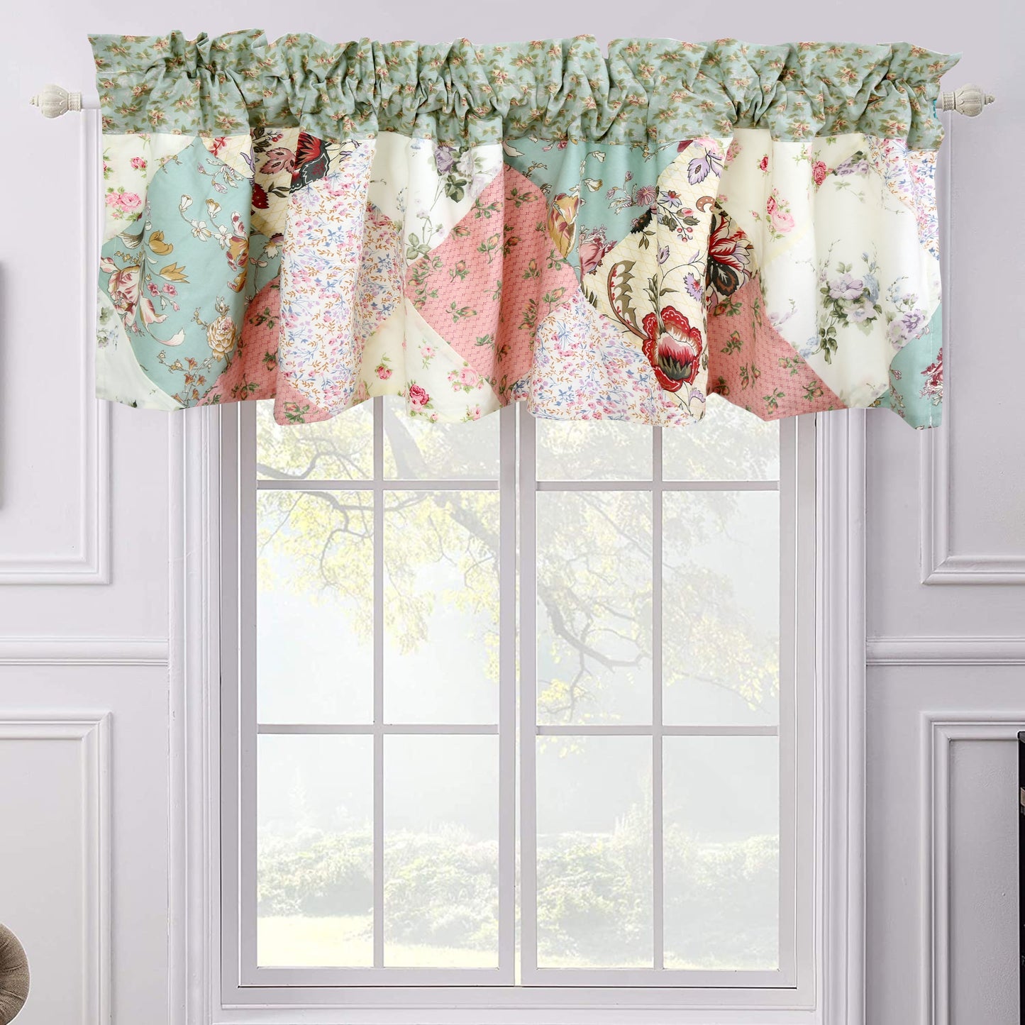 Grace Celadon Floral Country Cottage Garden Patchwork Window Valance