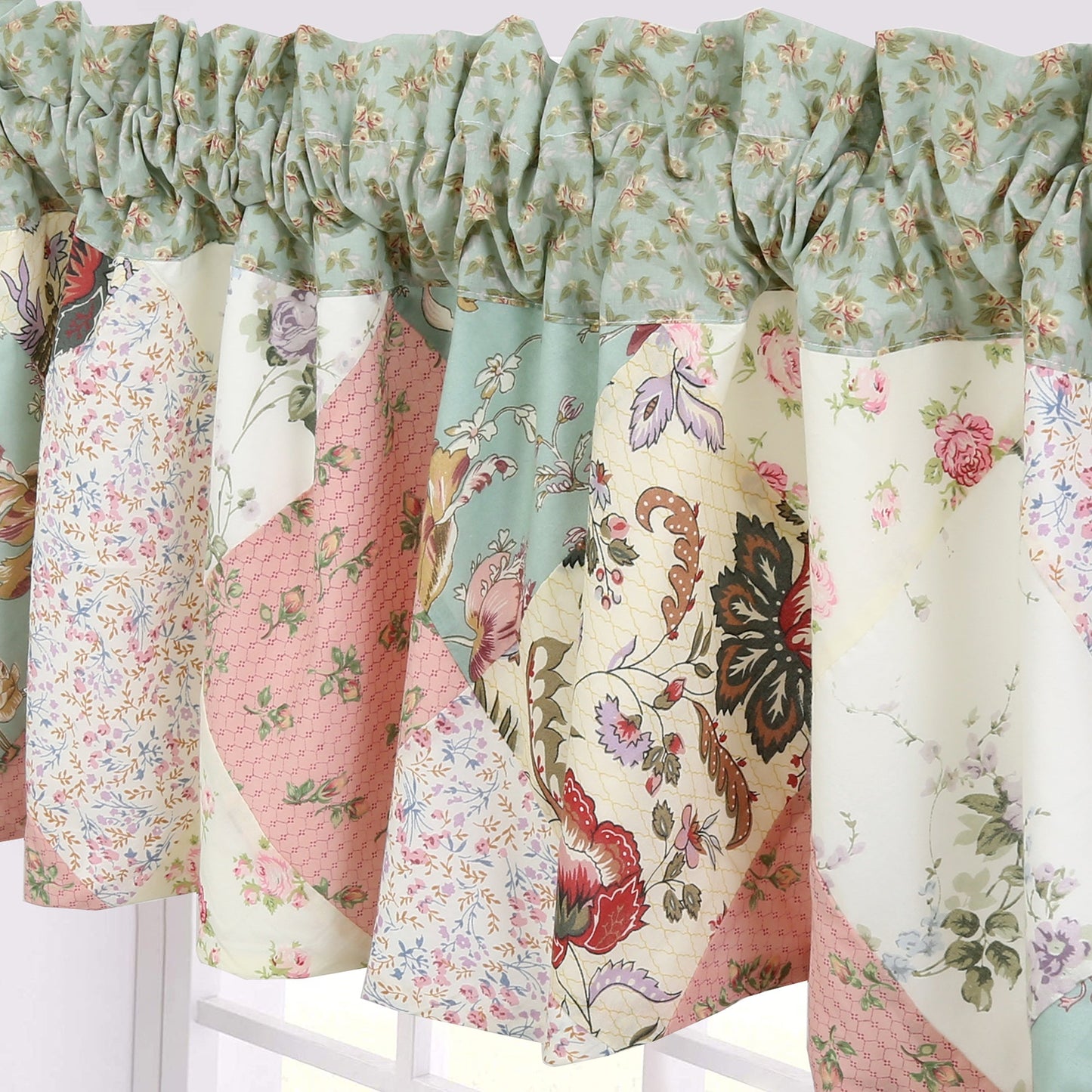 Grace Celadon Floral Country Cottage Garden Patchwork Window Valance