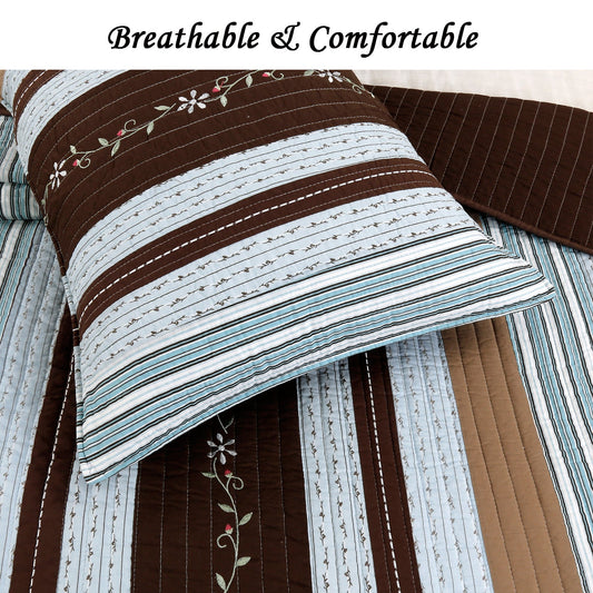 Mary Ann Stripe Real Patchwork Cotton 3-piece Reversible Quilt Bedding Set