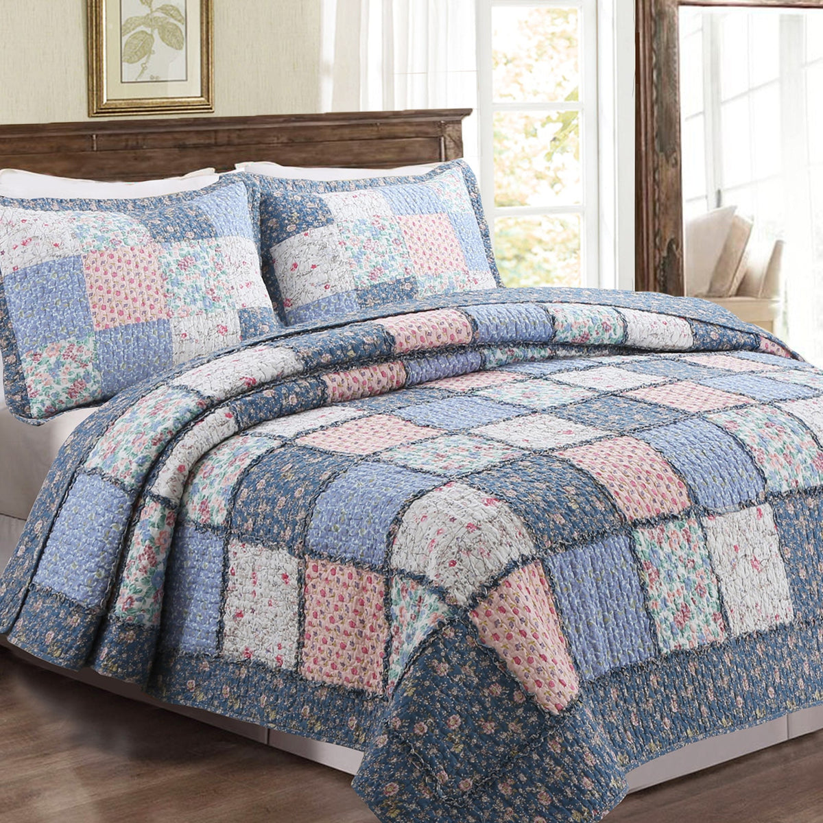a bed with a quilt