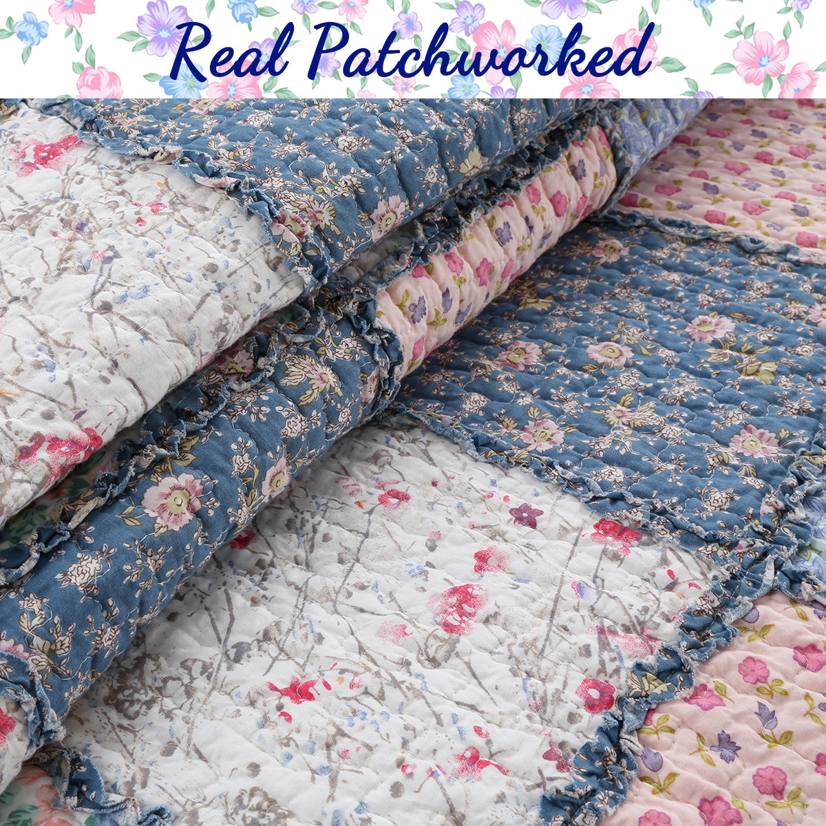 a pile of quilts with flowers