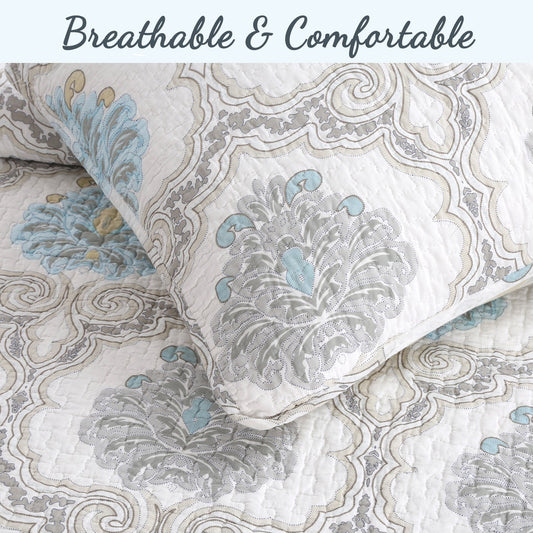 Blue Floral Medallion Cotton 3-Piece Reversible Quilt Bedding Set