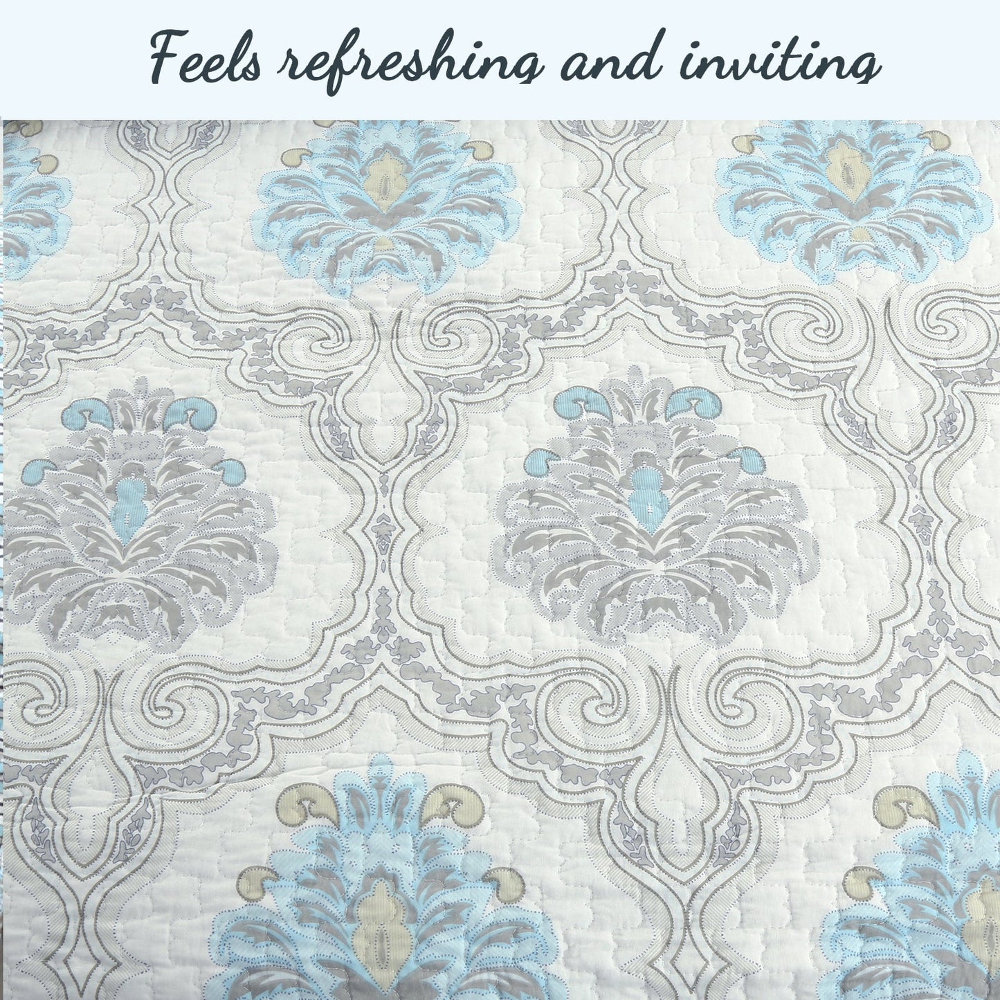 Blue Floral Medallion Cotton 3-Piece Reversible Quilt Bedding Set
