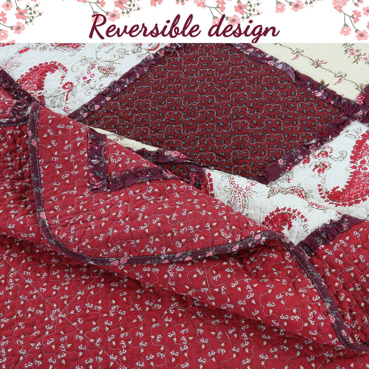 Pineiro Red Floral Real Patchwork Cotton 3-Piece Reversible Quilt Bedding Set