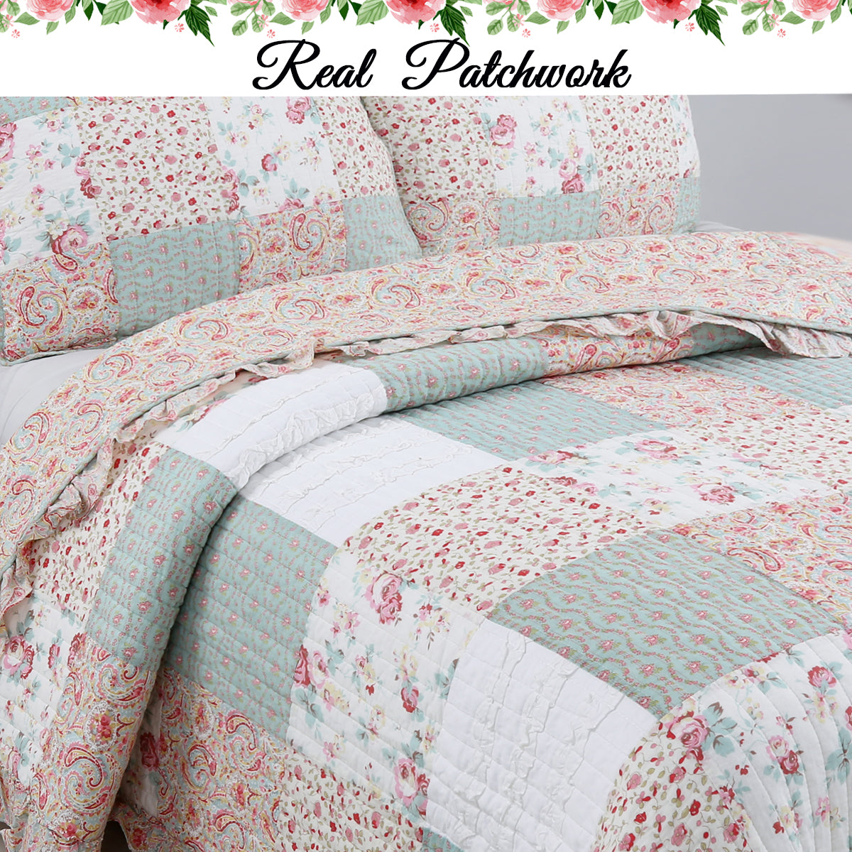 a bed with a quilt