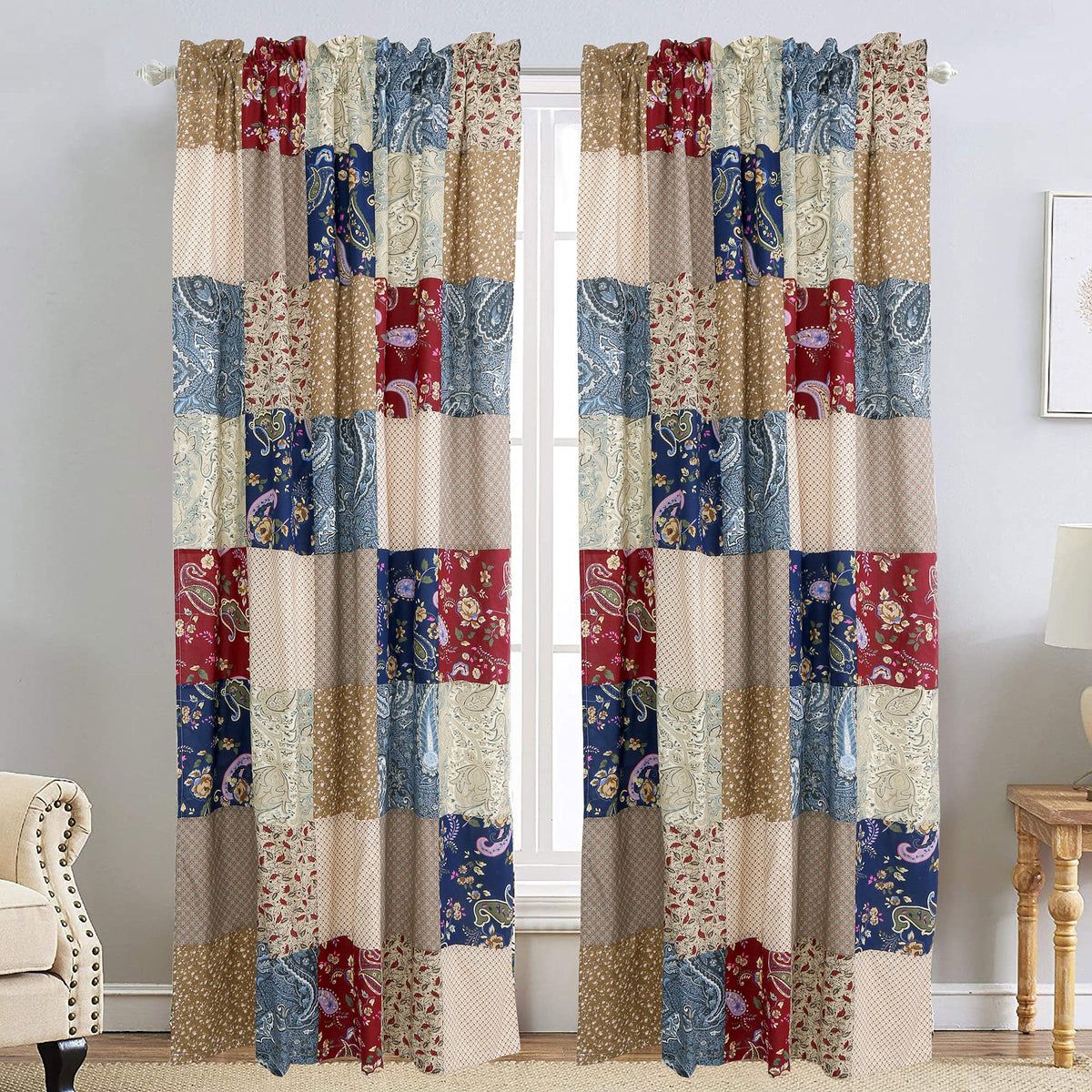 a colorful patchwork curtains in a room