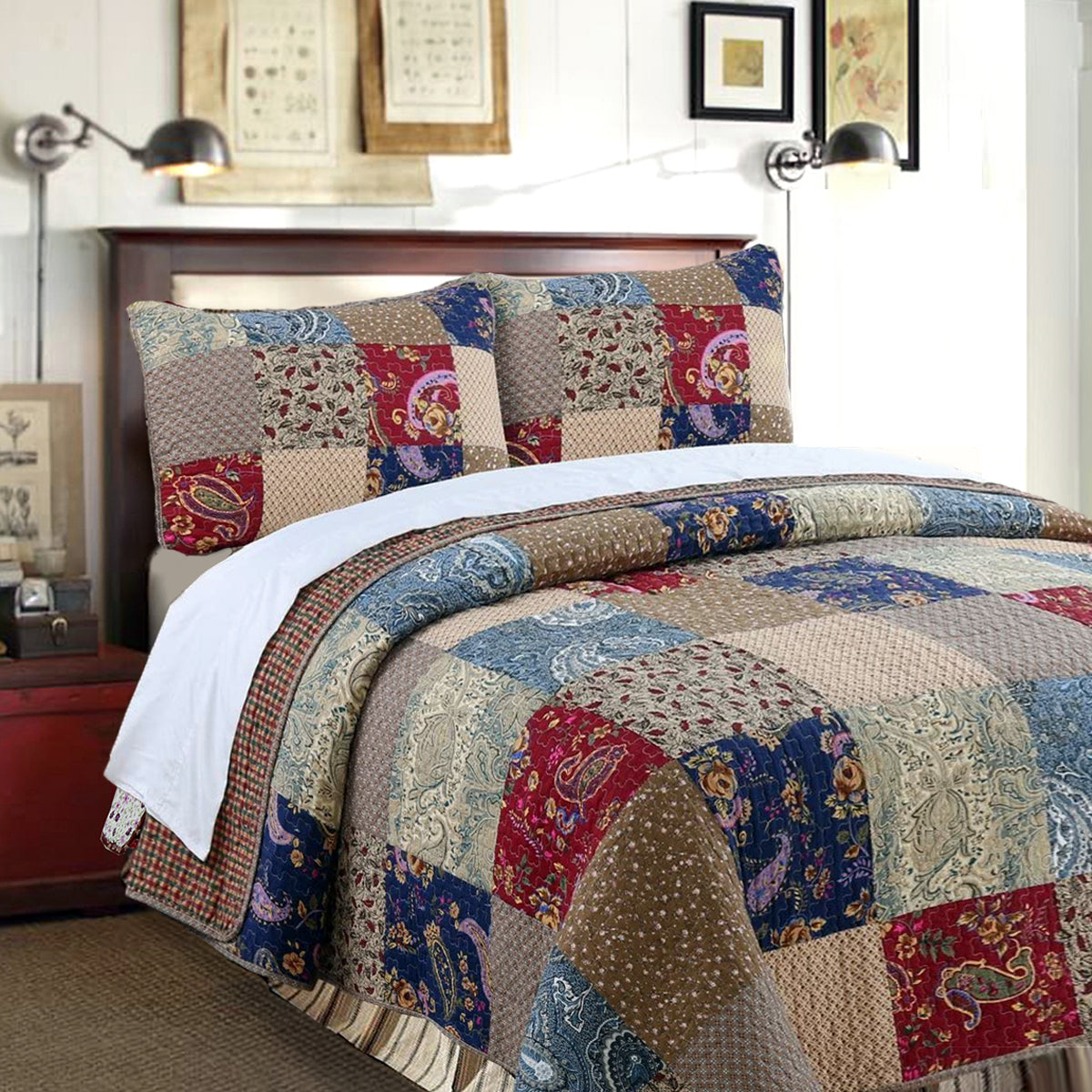 a bed with a quilt