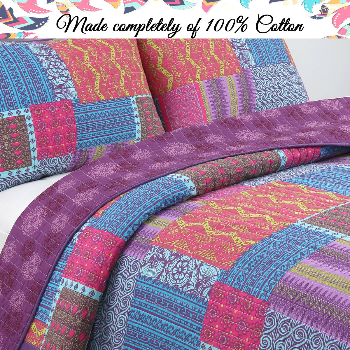 Aldiana Purple 3-Piece Print Patchwork Cotton Reversible Quilt Bedding Set