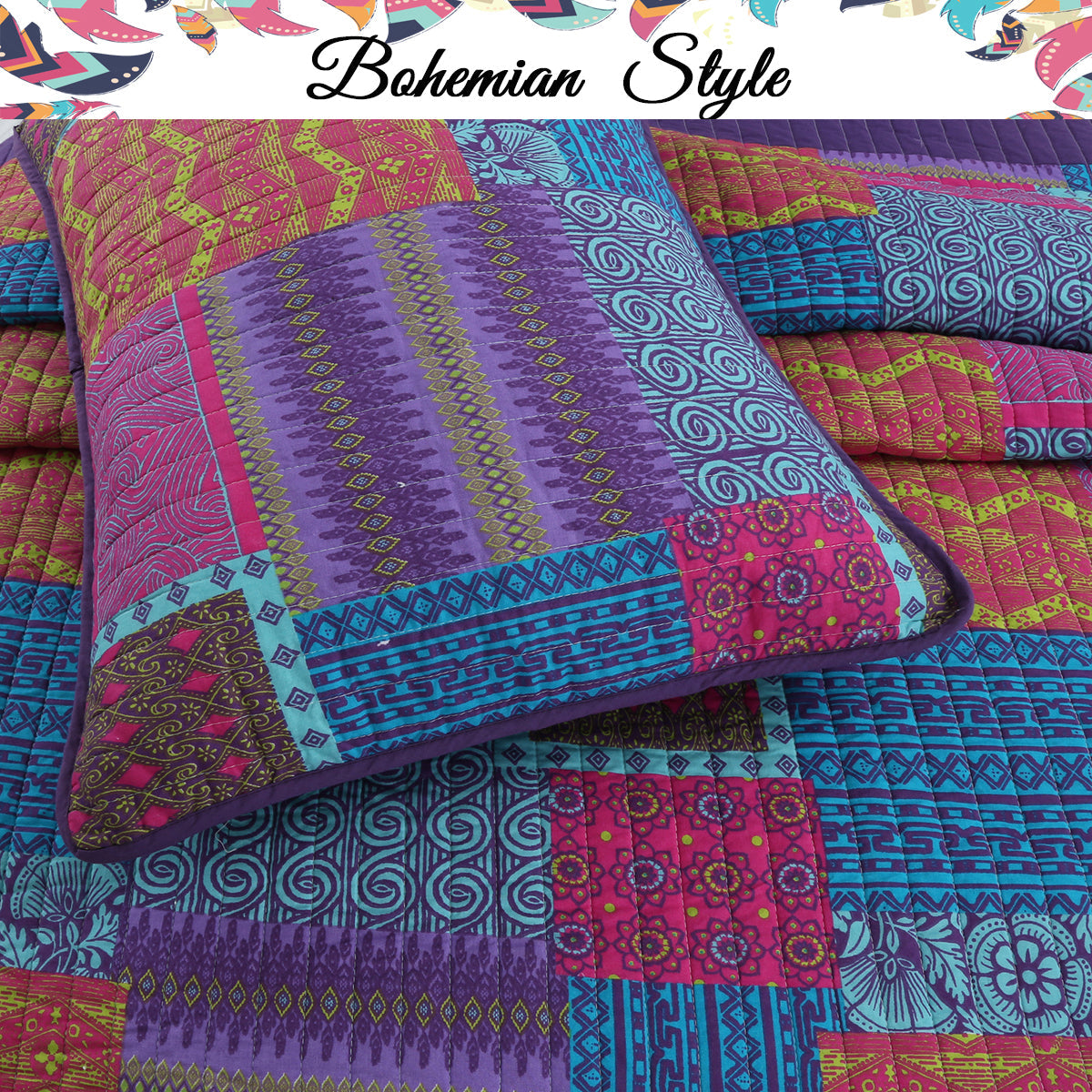 Aldiana Purple 3-Piece Print Patchwork Cotton Reversible Quilt Bedding Set
