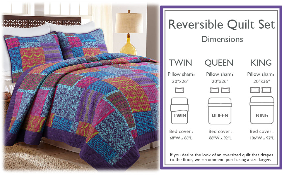 Aldiana Purple 3-Piece Print Patchwork Cotton Reversible Quilt Bedding Set