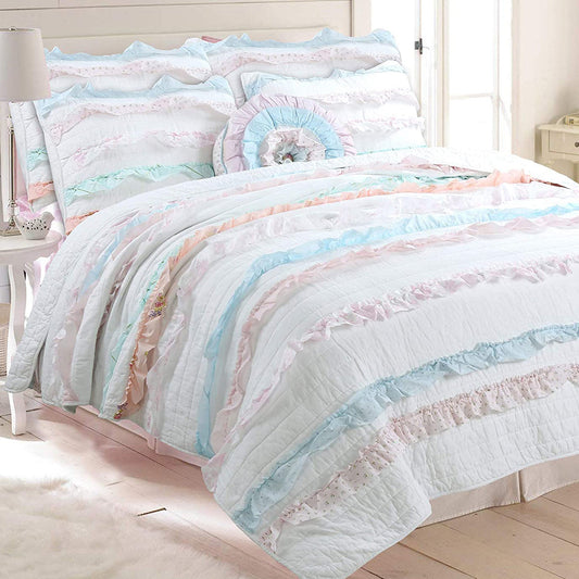 Devers Ruffles White Pink Blue Round Decor Throw Pillow