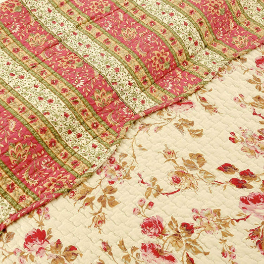 Vintage Rose Floral Cotton Quilted Scalloped Reversible Throw Blanket
