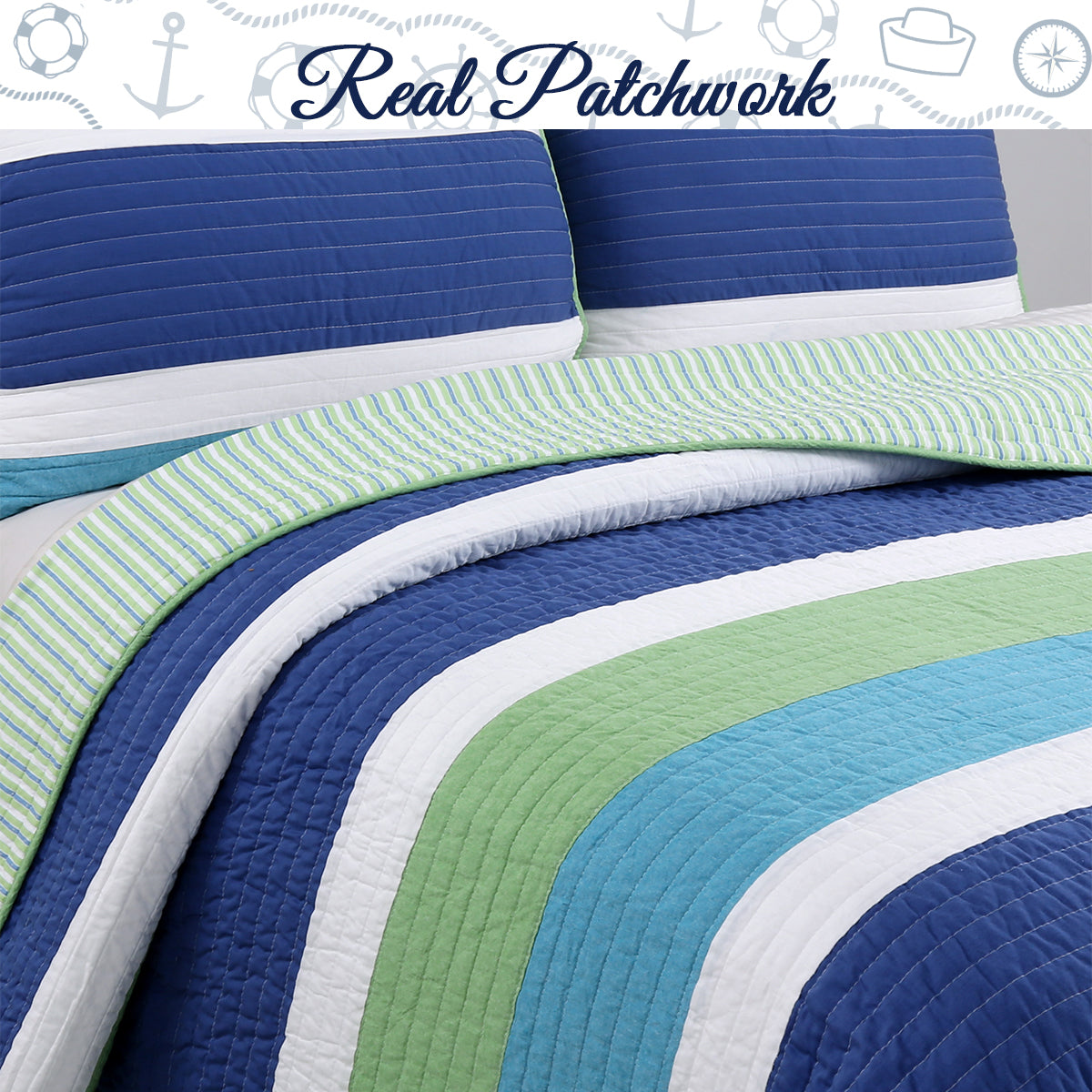 a bed with blue and green striped bedding