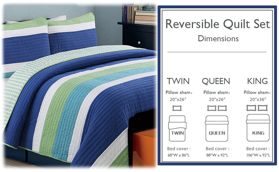 a bed with a blue and green striped bedding