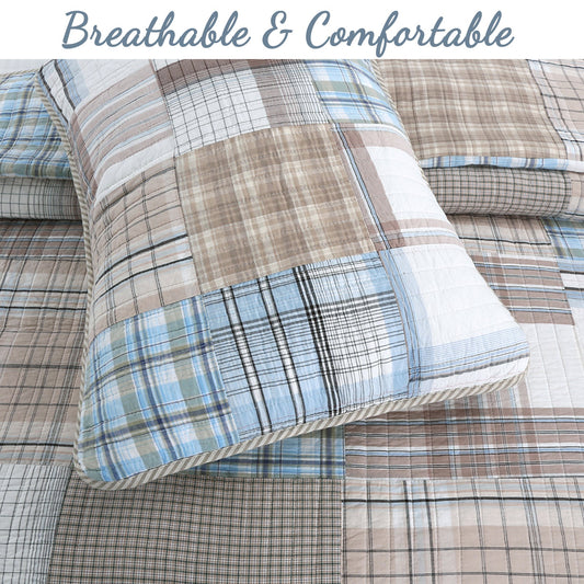 Hank Real Patchwork Blue 3-piece Cotton Reversible Quilt Bedding Set
