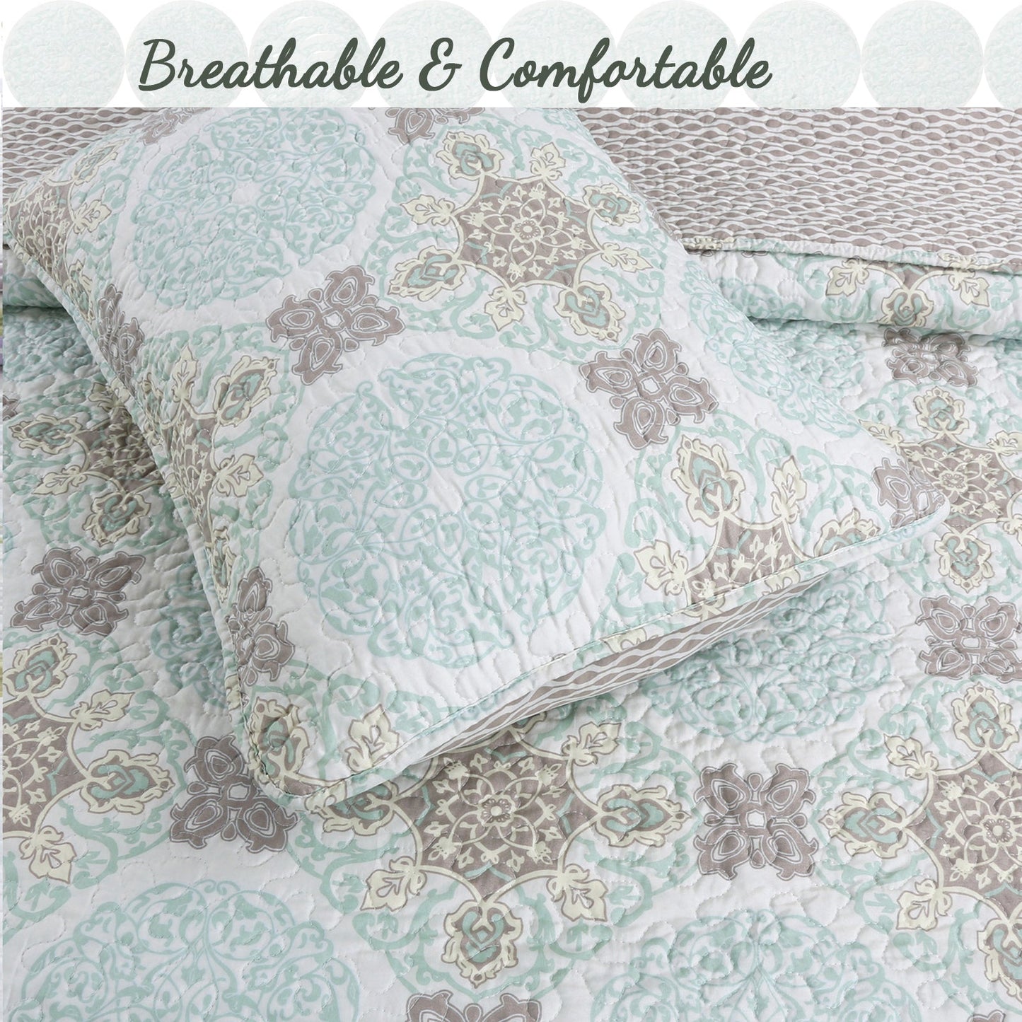 Light Green Damask 3-Piece Reversible Quilt Bedding Set