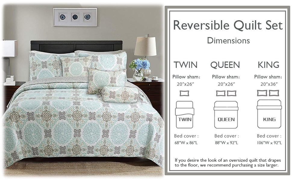 Light Green Damask 3-Piece Reversible Quilt Bedding Set