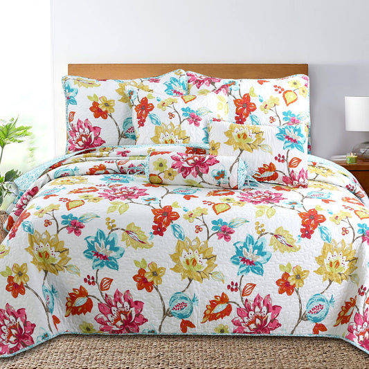 Vivid Tropical Colorful Anemone Floral Garden Print 3-Piece Reversible Quilt Bedding Set