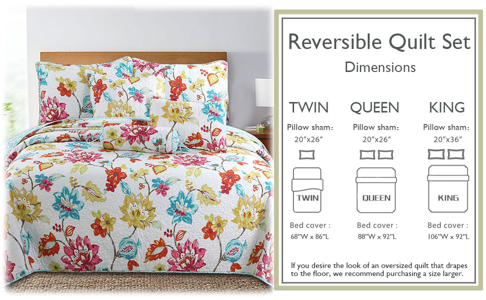 Vivid Tropical Colorful Anemone Floral Garden Print 3-Piece Reversible Quilt Bedding Set